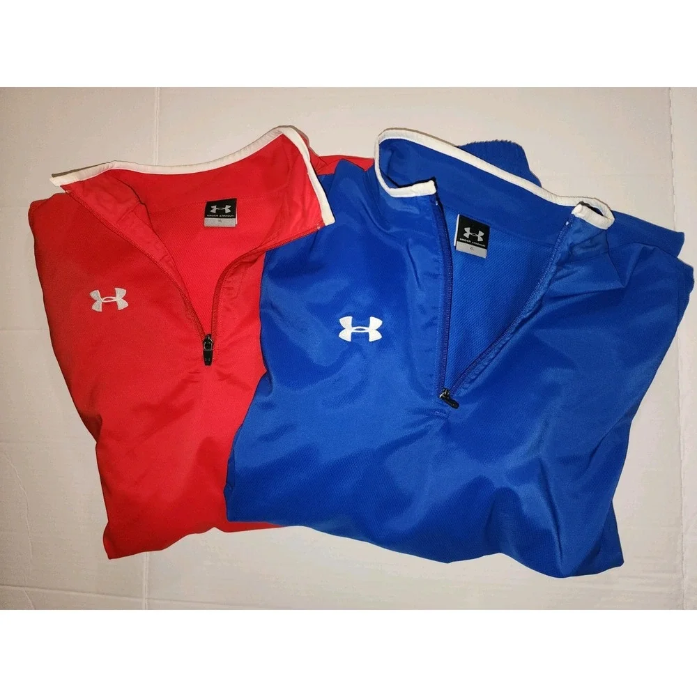 Lot Of 2 Men's Under Armour Wind Breaker 1/4zip  Jackets, Size XL Red And Blue
